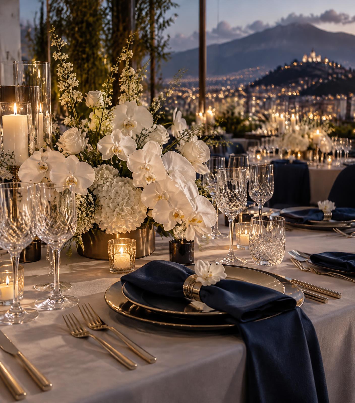 Mesa decorada con flores blancas, cristalería y detalles azul noche